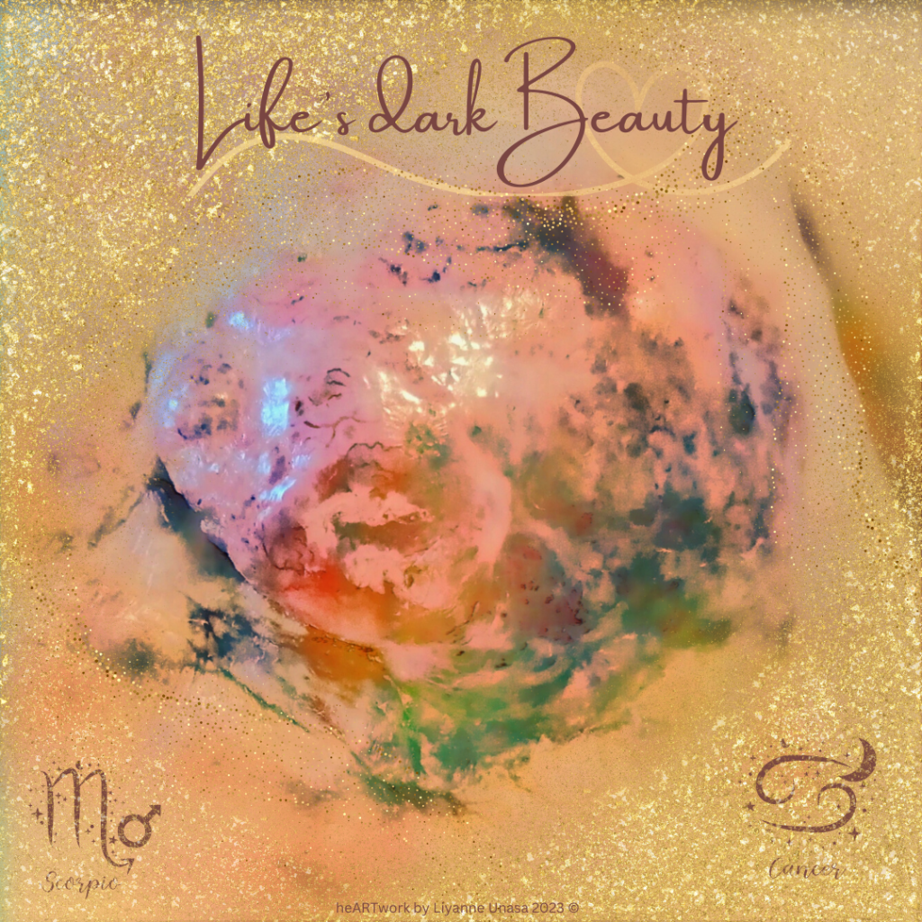 Picture of golden patterned breast with text Lifes Dark Beauty. Copyright Liyanne Unasa